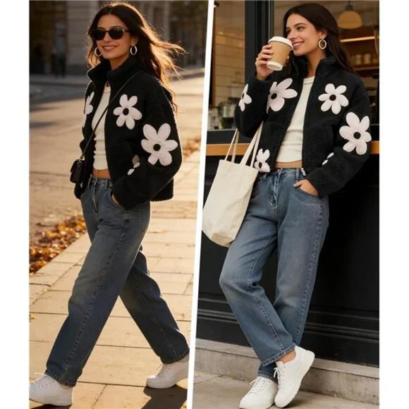 Maixang Womens Floral Print Sherpa Fleece Jackets Winter Zipper Cropped Coat - Picture 4 of 7